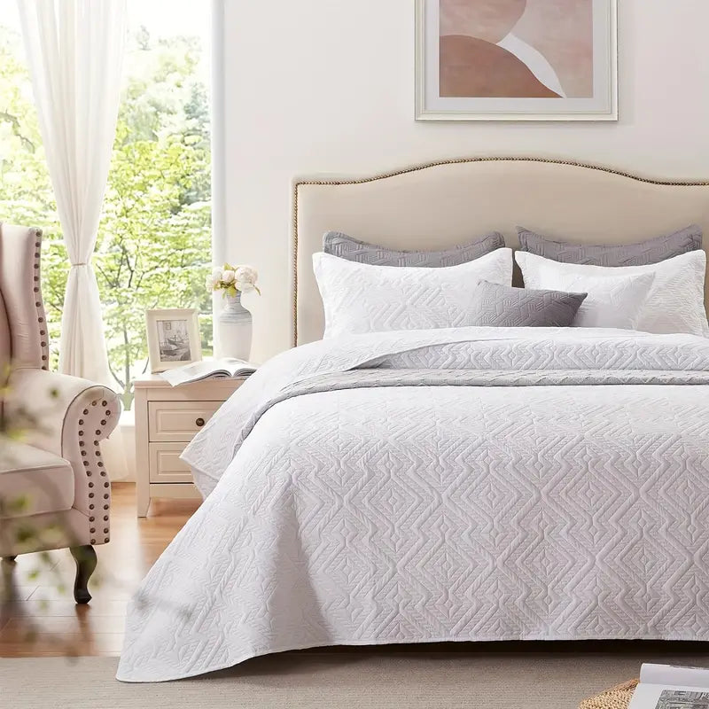 White Microfiber 3-Piece 150GSM Bedspread Set - Queen Size-2