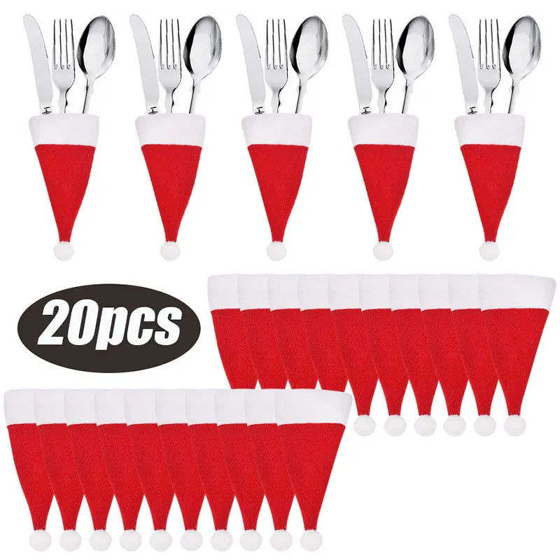 Set of 20 Christmas Hat Cutlery Bags - Festive Tableware Holders for Xmas Home Kitchen Decor-1
