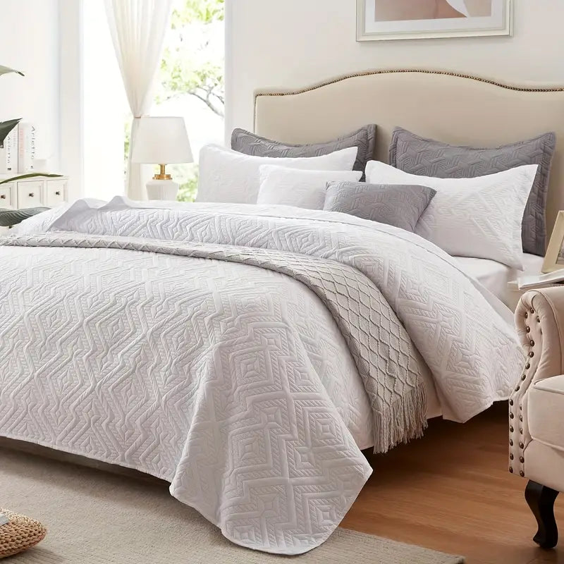White Microfiber 3-Piece 150GSM Bedspread Set - Queen Size-3